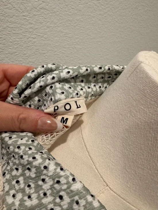 POL Green Blue floral Cream Lace Semi Sheer button up shirt size medium - Picture 4 of 7